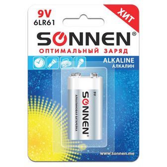 Батарейка SONNEN Alkaline, Крона (6LR61, 6F22, 1604A, 1604D), алкалиновая, 1 шт., блистер 451092