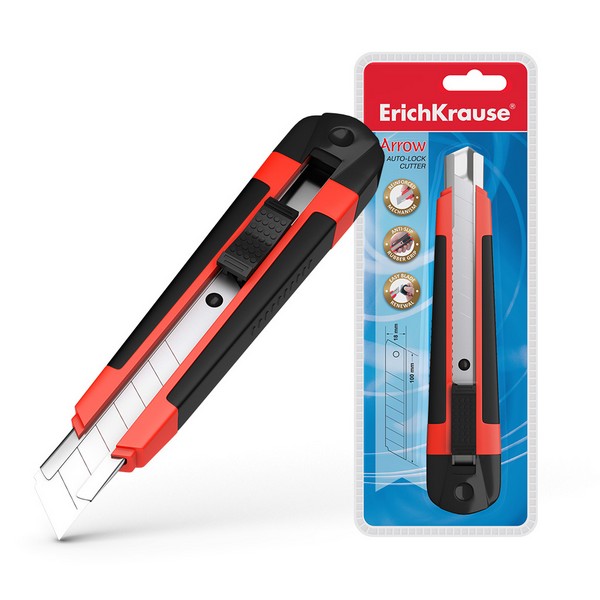 Нож канцелярский (18мм) ErichKrause ARROW "Autolock" в двойном блистере, красный 19152