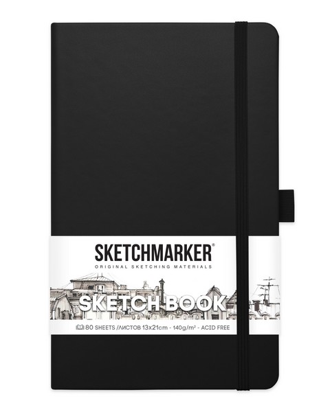 Блокнот для зарисовок "Sketchbook" 130*210 мм, 140 г/м2, 80л., твердая обложка, черный, Sketchmarker 2314003SM