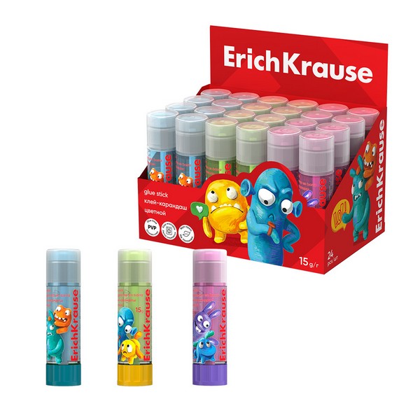 Клеящий карандаш 15гр. ErichKrause EasyStick Jolly Friends, цветной 60911