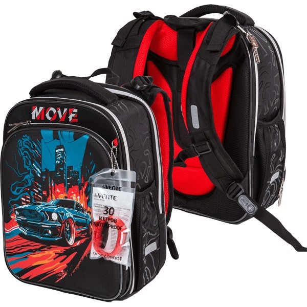 Рюкзак "deVENTE. Premier. MOVE" школьный жесткий 37x28x18 см (17 л) вес 1000 г, 2 отделения на молнии для формата A4, 1 передний карман с органайзером, 2 боковых кармана сеточкой на резинке 7033409