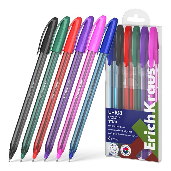 Набор из 6 ручек шариковых ErichKrause U-108 Stick Color 1.0, Ultra Glide Technology, цвет чернил ассорти (в пэт-боксе) 61022