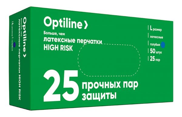 Перчатки латексные High Risk Optiline (13 гр) 25 пар (50 штук) (L) *50/500 27-2594