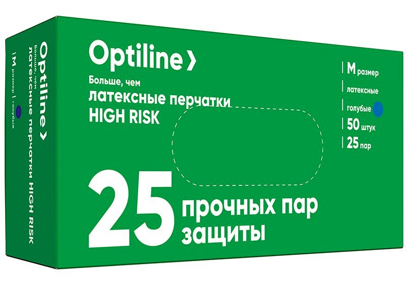 Перчатки латексные High Risk Optiline (13 гр) 25 пар (50 штук) (М) *50/500 27-2593