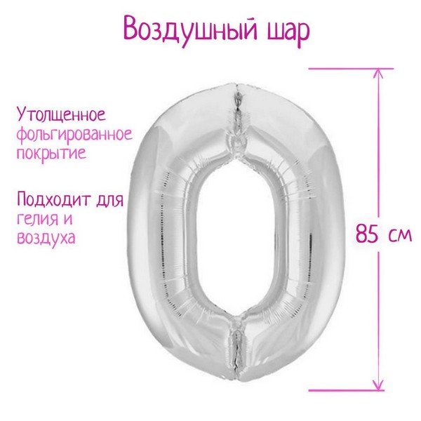 Шар фольгированный 40" цифра "0", цвет серебро Slim 7089615 7089615    