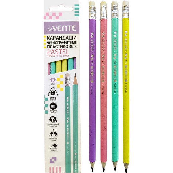 Карандаш чернографитный "deVENTE. Triolino Pastel" HB, диаметр грифеля 2 мм, трёхгранный, с ластиком, заточенный, пластиковый, цвет корпуса пастельное ассорти, индивидуальная маркировка, в картонной коробке 5032337