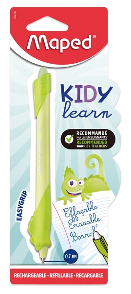 Ручка шариковая со стираемыми чернилами "KIDY LEARN CHAMELEON" с ластиком, с  тренажером для постановки письма,  с возможностью перезарядки картриджа, синяя, средняя толщина линии - 0,7 мм, цвет корпуса салатовый, в блистере 229700