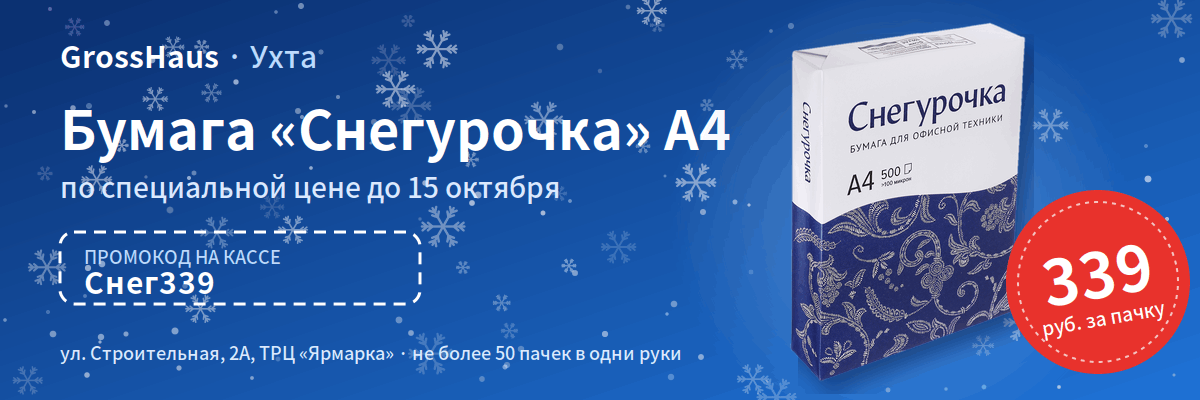 Бумага «Снегурочка» А4 за 339 рублей по промокоду «Снег339» в GrossHaus в Ухте